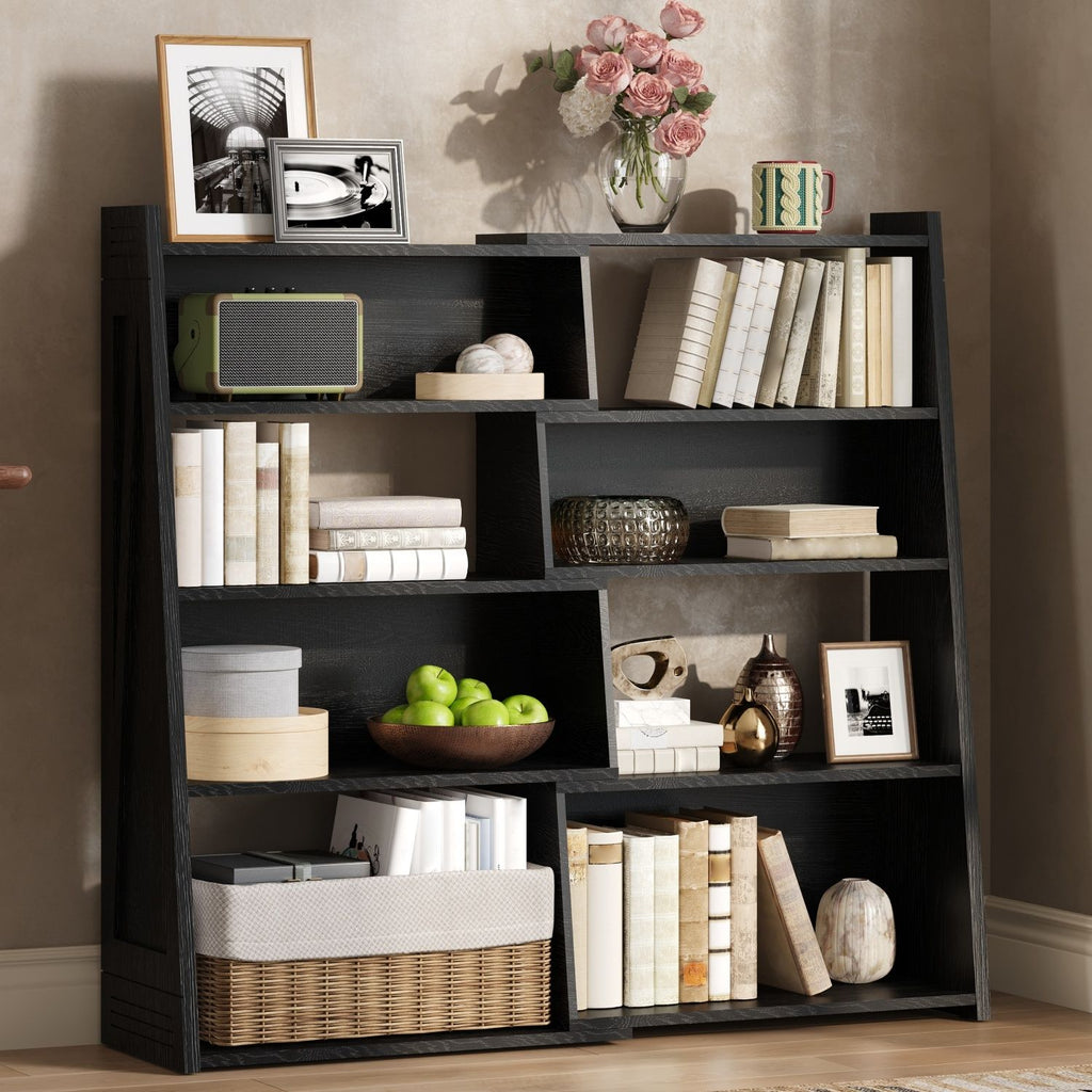 Wooden Expandable Bookshelf Storage Rack, 4-Tier L-Shaped Adjustable 2-Piece Bookcase, Extendable up to 47 Inches for Wall Corner & Small Spaces