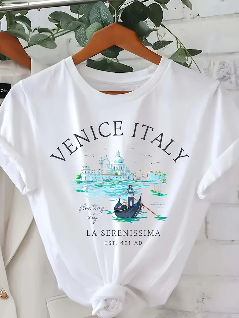 Women’s Italy Print Short Sleeve Crew Neck T-Shirt Casual Summer and Spring Top
