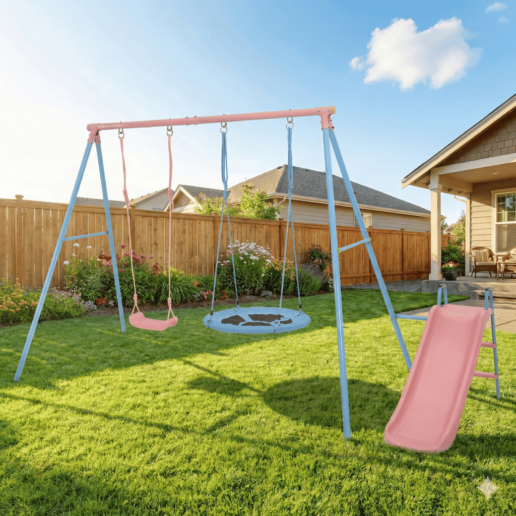 XNS107	Two Swing Set with Slide Blue And Pink For Outdoor Kids Playground