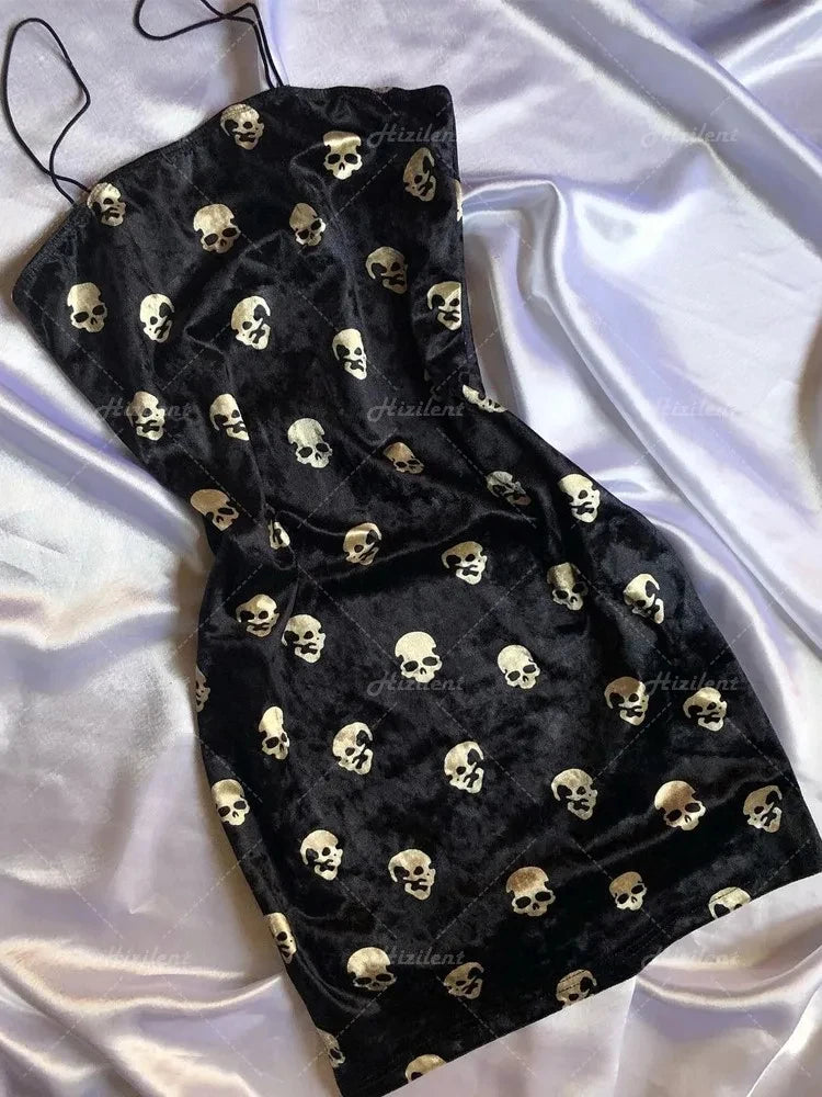 Black Skull Print Traf Retro Street Punk Slim Fit Mini Dress for Women