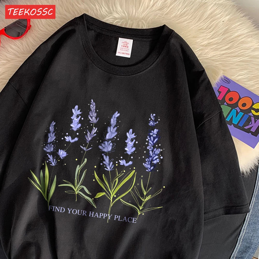 Oversized Cotton Women’s T-Shirt with Soft Crewneck Lavender Print Short Sleeve Casual Streetwear Top