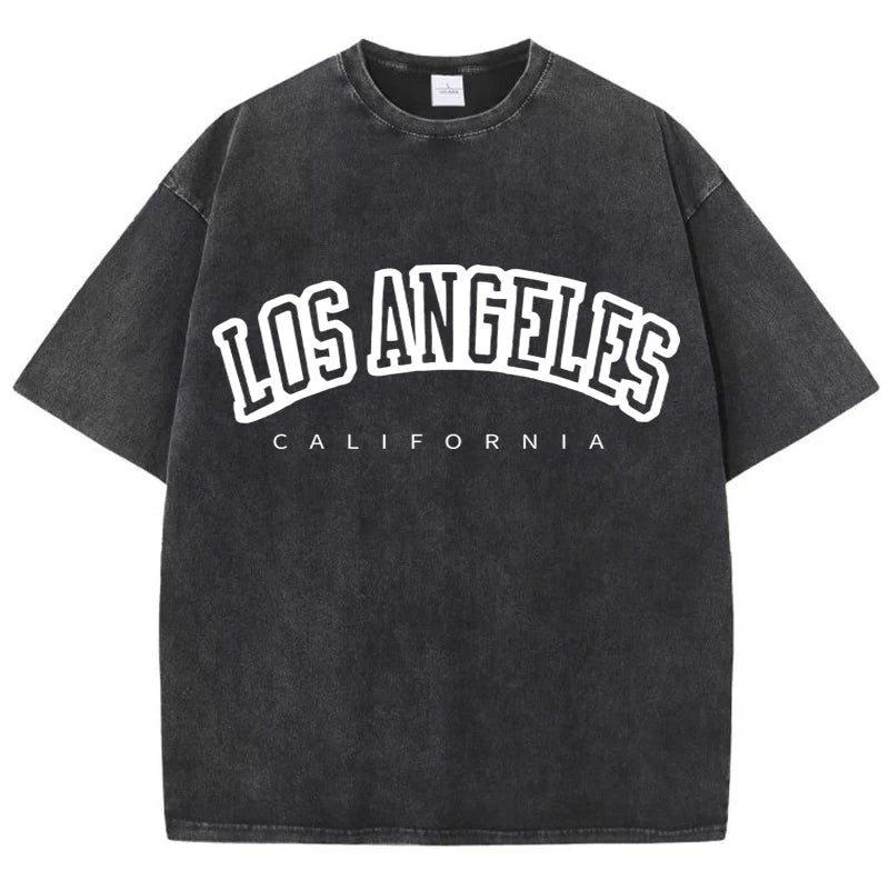 Women’s Cotton Washed O-Neck Distressed Short Sleeve T-Shirt Los Angeles Print Casual Summer Streetwear Top