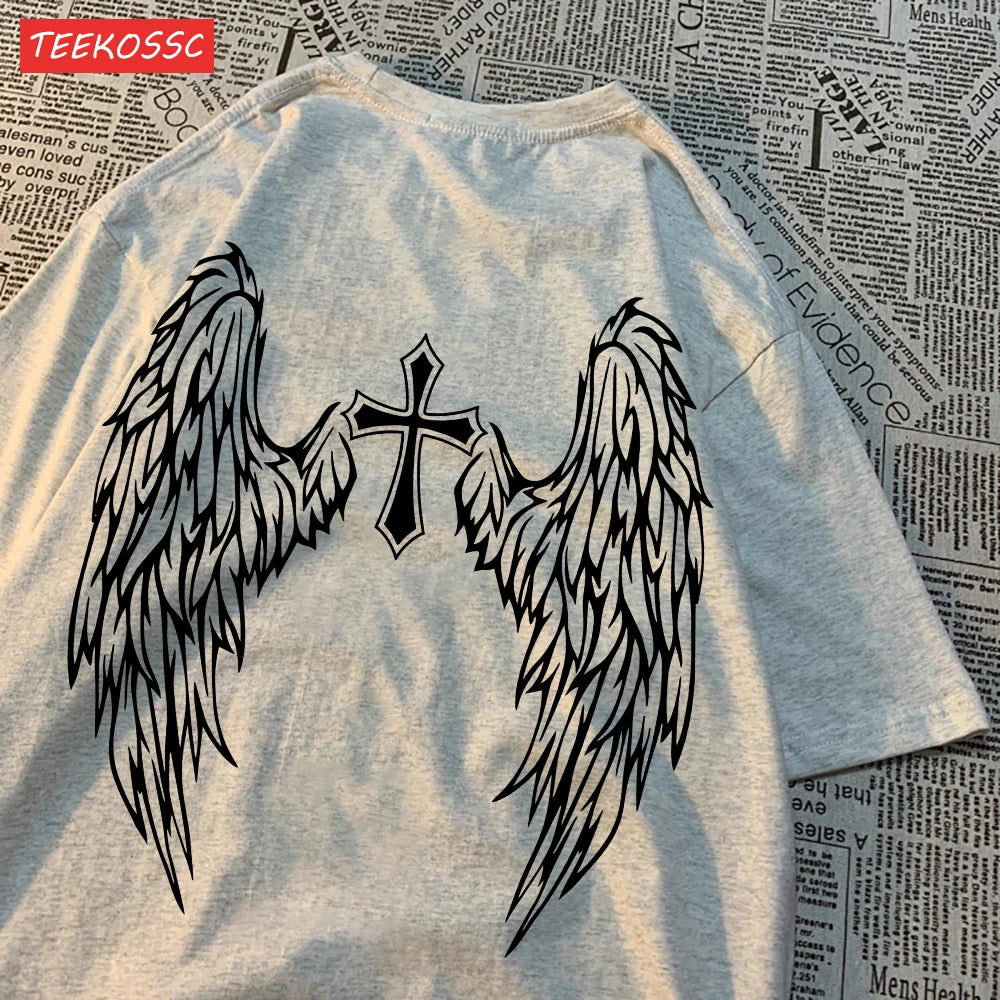 Casual Cotton Women’s T-Shirt with Flying Wings and Cross Body Funny Prints Soft Oversize Short Sleeve O-Neck Comfortable Fashion Top