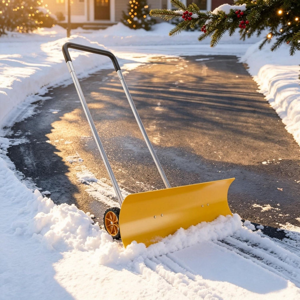 Yellow 37 Inch Wheeled Aluminum Snow Pusher with Adjustable Ergonomic Handle