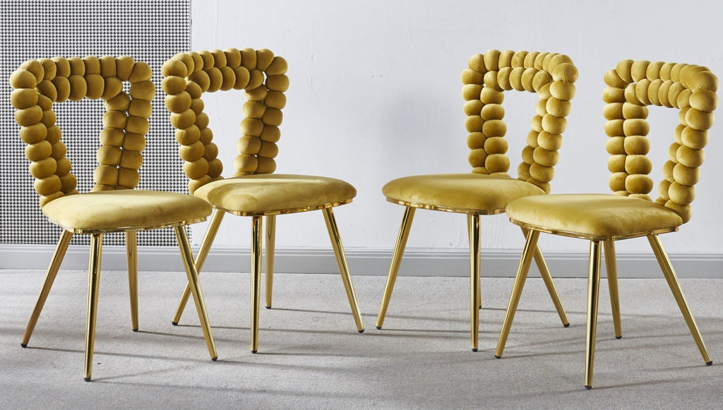 yellow and gold Modern chair(set of 4 ) with iron tube legs, soft cushions and comfortable backrest, suitable for dining room, living room, cafe,hairball back