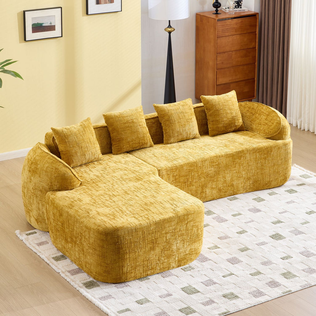 Yellow chenille L-shaped compressed sofa that goes well with any living room. It features high-elastic sponge for a comfortable sitting feel, curved armrests and four throw pillows.