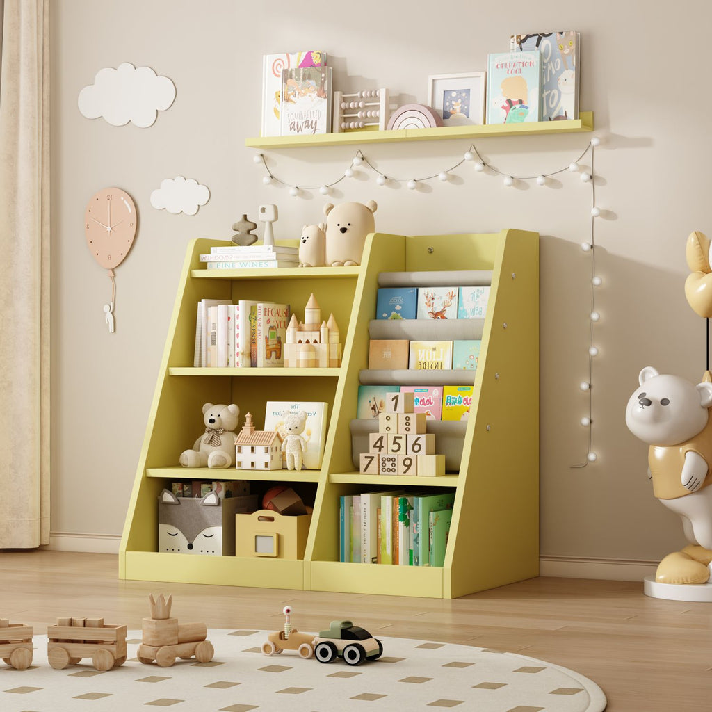 Yellow Wooden Toy Storage Organizer Cabinet Kids Bookshelf Children Bookcase Toddler Baby Sling Book Rack Adjustable Shelf for Playroom Bedroom Nursery Hallway School Kindergarten Living Roomy