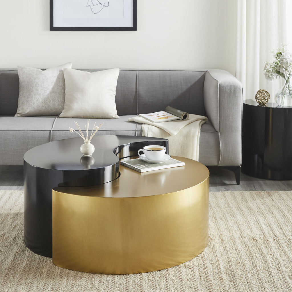 Ying Yang Modern & Contemporary Style 2PC Coffee Table Made with Iron Sheet Frame in Black & Gold