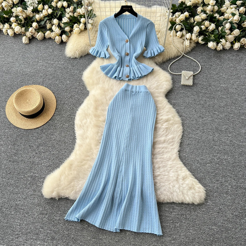 Elegant Women’s Two Piece Set Featuring V-Neck Ruffled Knitted Top and Wrapped Hips Long Skirt Stylish and Comfortable Matching Outfit