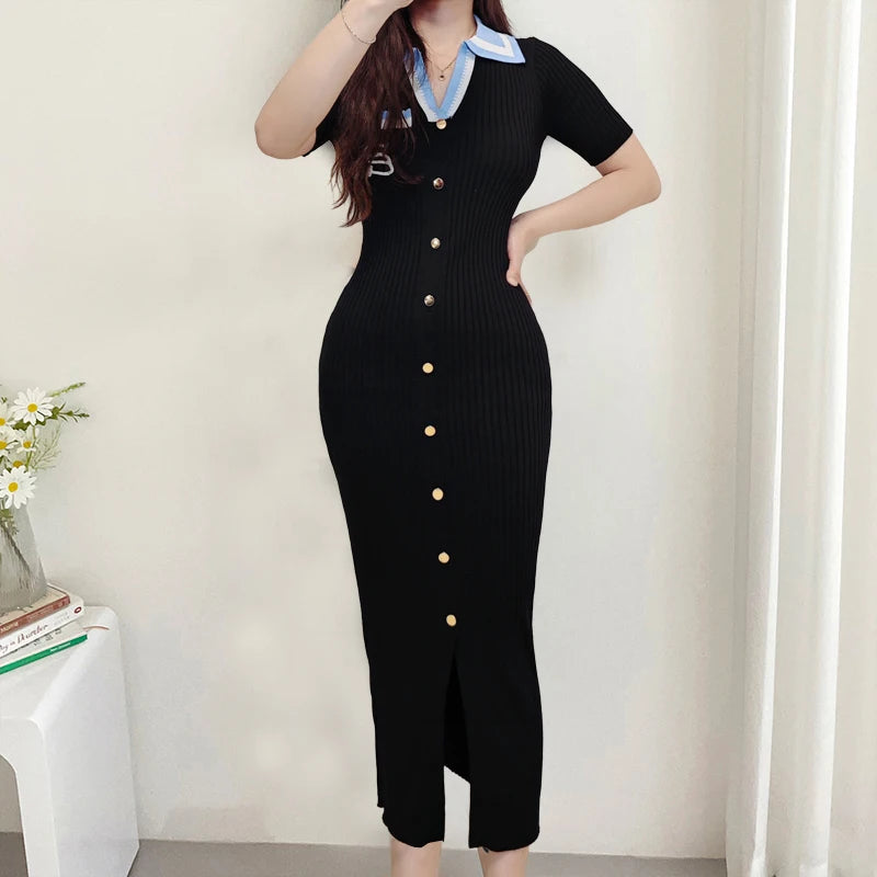 Chic Women’s Wrap Hips Maxi Dress with Luxury Embroidery and Single-Breasted Bodycon Fit for Party and Office Elegance
