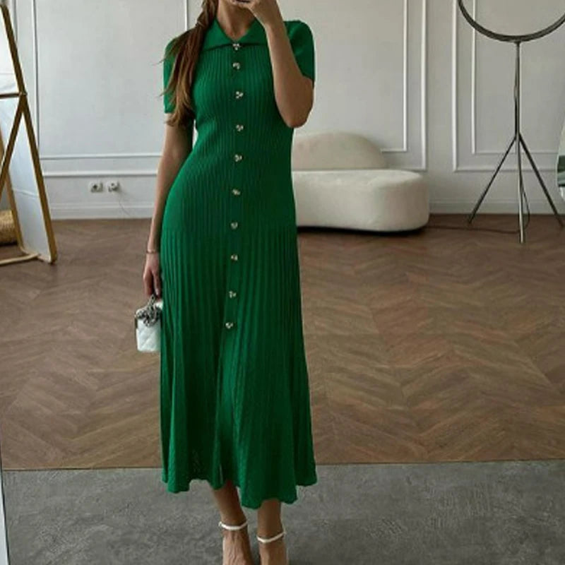 Summer Maxi Dress Women Knit Long Bodycon Ruffle Dress Elegant Office Casual Black and Green Korean Fashion Fit - NIICY