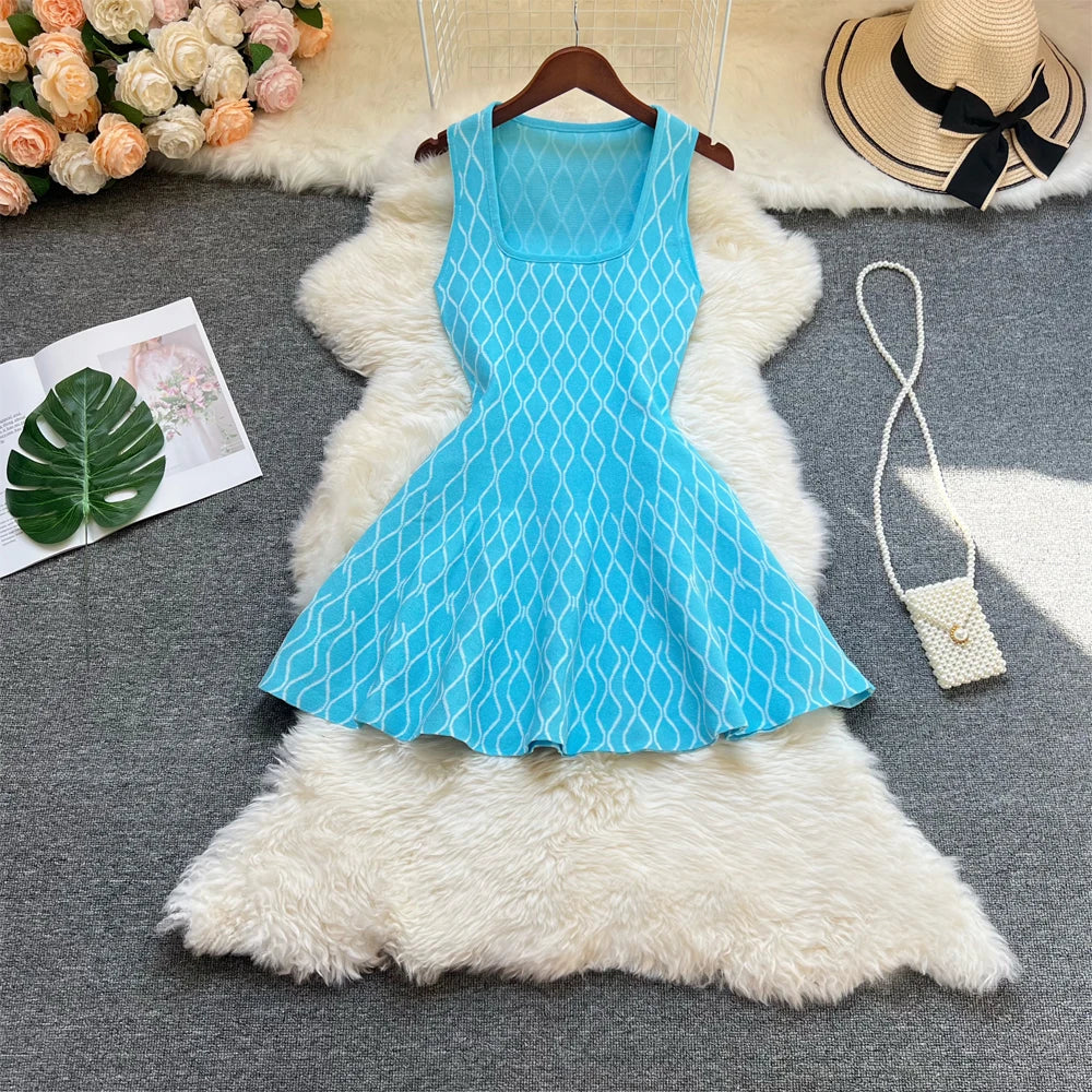 Elegant Y2K Geometric Knitted A-line Short Dress for Women with Harajuku Black Party Vibe