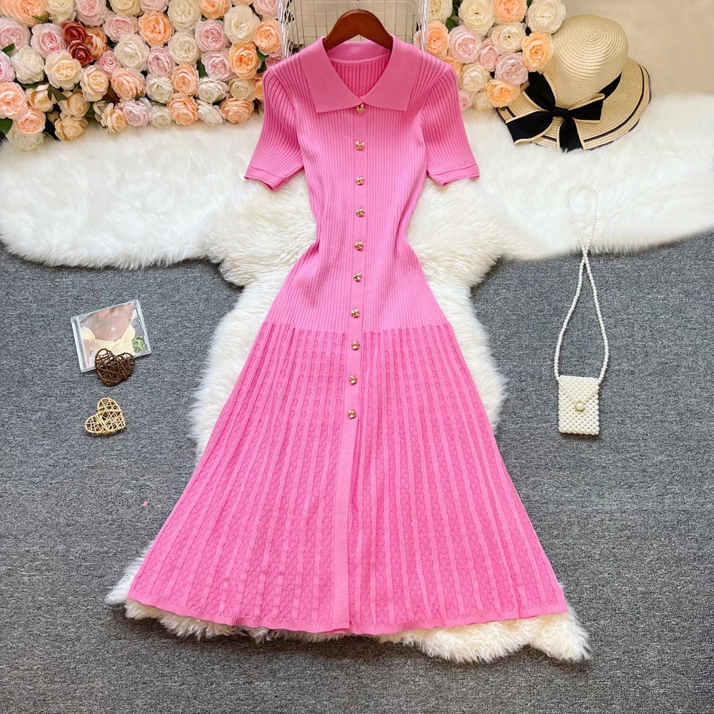 Elegant Patchwork Knitted Long Dress for Women with Luxurious Shirt and Sweater Style Perfect for Spring and Summer Lady Party Wear