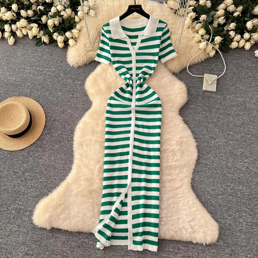 Chic Women’s Sexy Wrap Hips Knitted Maxi Dress with Stripes and Single-Breasted Design for Summer Casual Streetwear