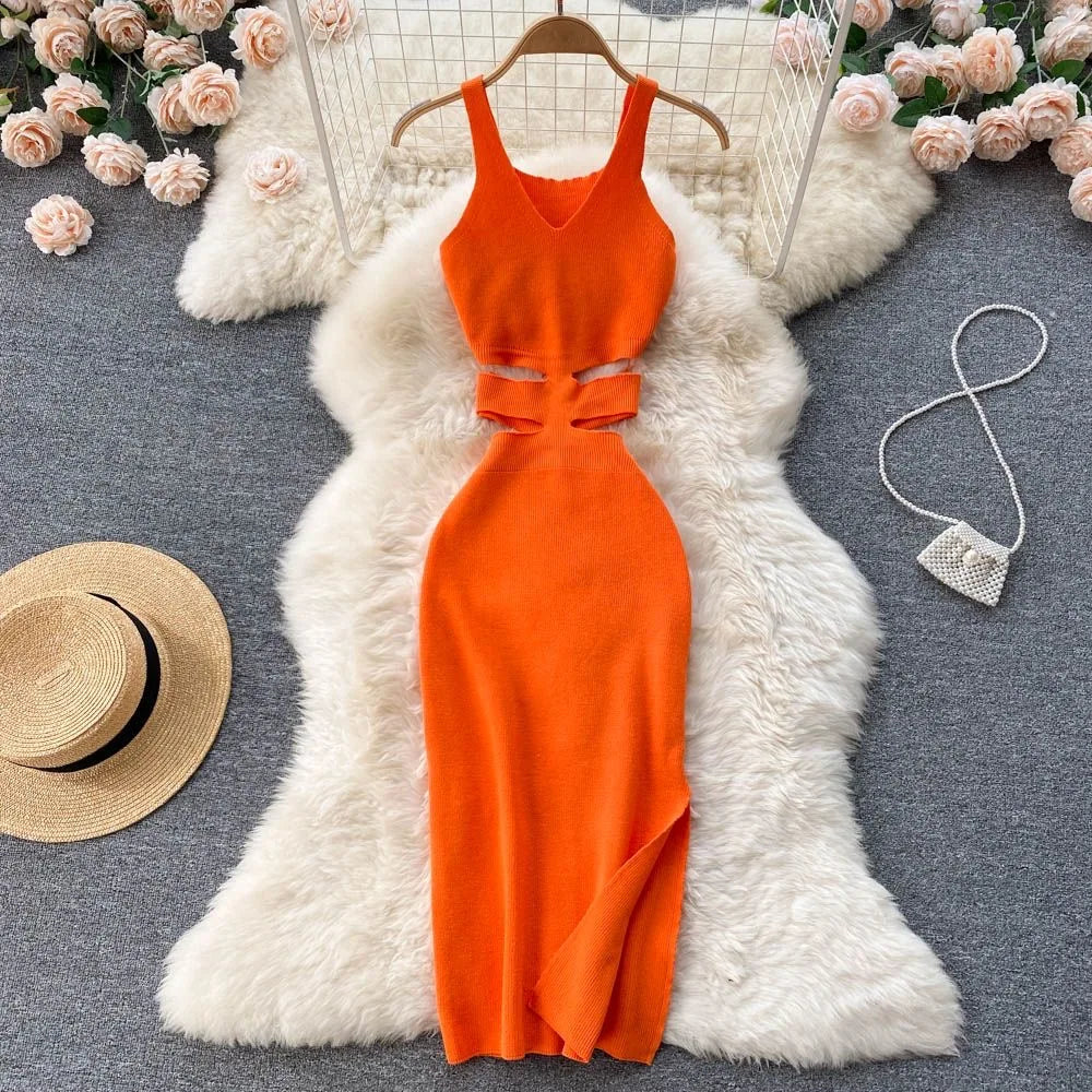 Sexy Cut Out Waist Bodycon Dress with Split Hips and Knitted Design for Summer Party and Elegant Occasions - NIICY