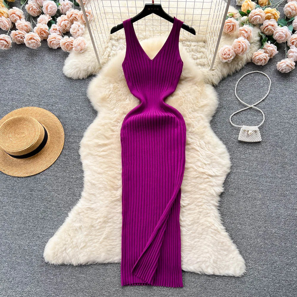 Chic Sexy Wrap Hips Split Knitted Autumn Dress for Women Slim Elastic Bodycon Long Streetwear Outfits - NIICY