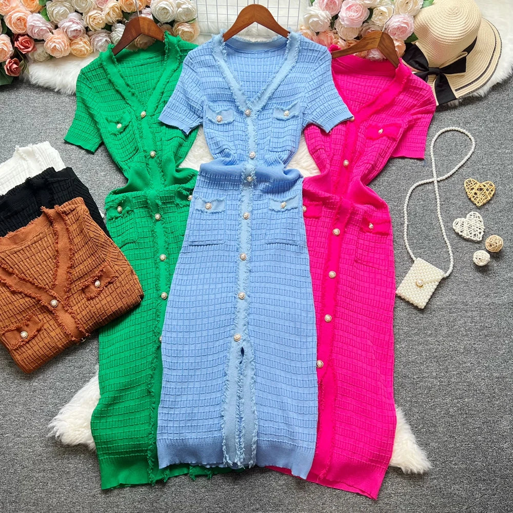 Chic Bodycon Knitted Sweater Dress for Women with V-Neck and Single-Breasted Design Elegant Office Lady Vestidos with Curved Hips