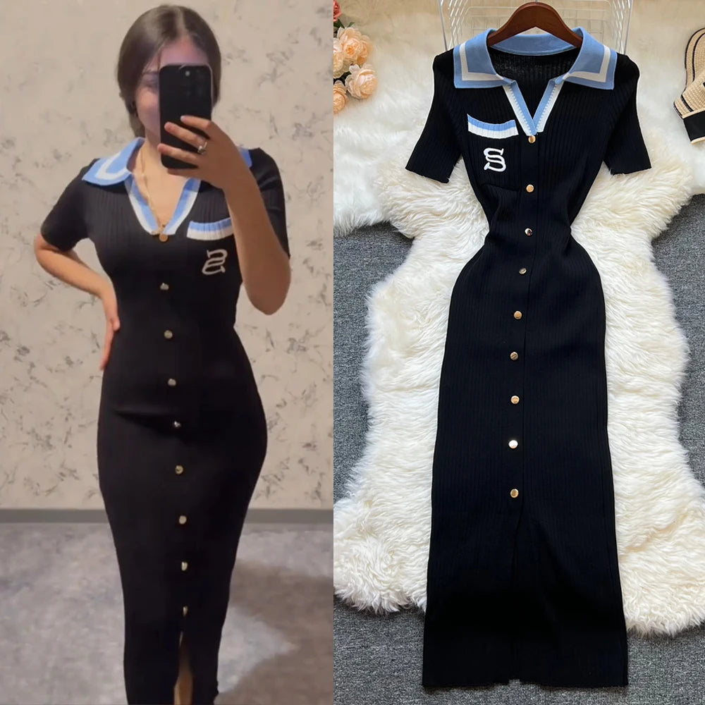 Chic Summer Knitted Dress for Women with Embroidery and Bodycon Fit Long Sweater Dress Streetwear Elegant Lady Vestidos - NIICY