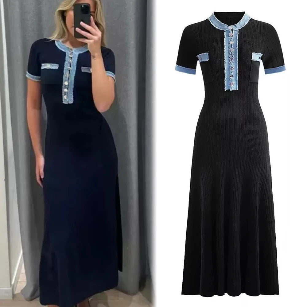 Chic Knitted Maxi Dress for Women Elegant Denim Patchwork O-Neck Long Sweater Dress Office Casual Vestidos