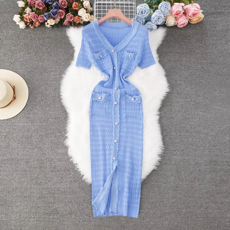 Elegant Women Knitted Long Dress with V-Neck and Single-Breasted Split Design for Office and Casual Wear - NIICY