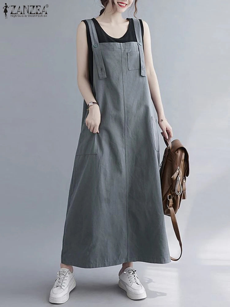 Women Sleeveless Maxi Dress with Pockets and Adjustable Shoulder Straps for Casual, Office, and Streetwear Styles