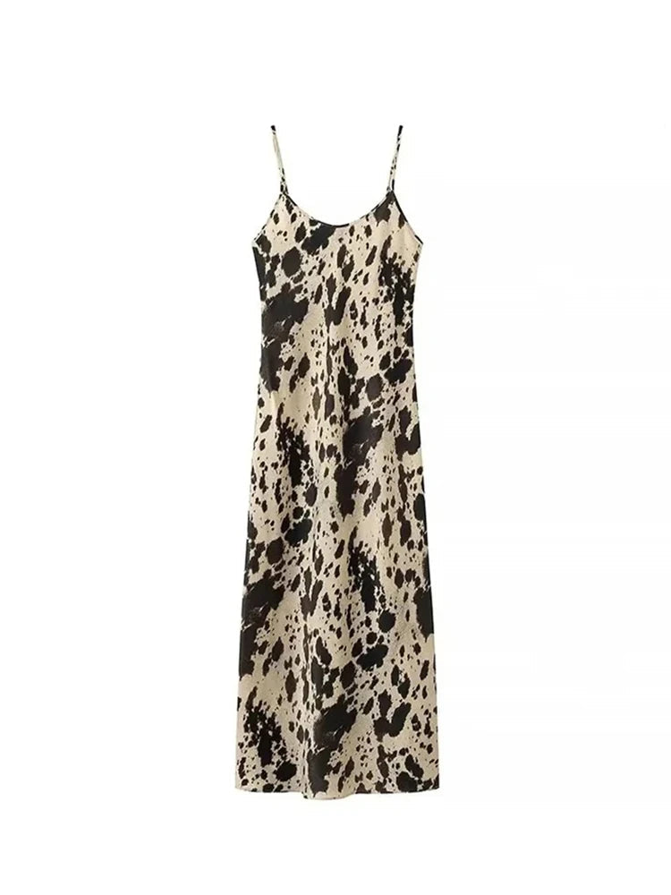 Silk Textured Leopard Print Midi Dress with Sleeveless V-Neck and Backless Halter Design for Elegant Street Fashion