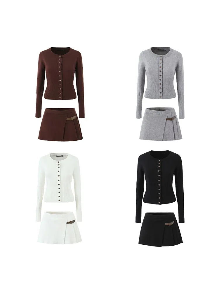 Women’s Knitted Buttoned Long Sleeve Round Neck Cardigan with High Waist Pleated Leather Button Skirt Fashion Suit Set