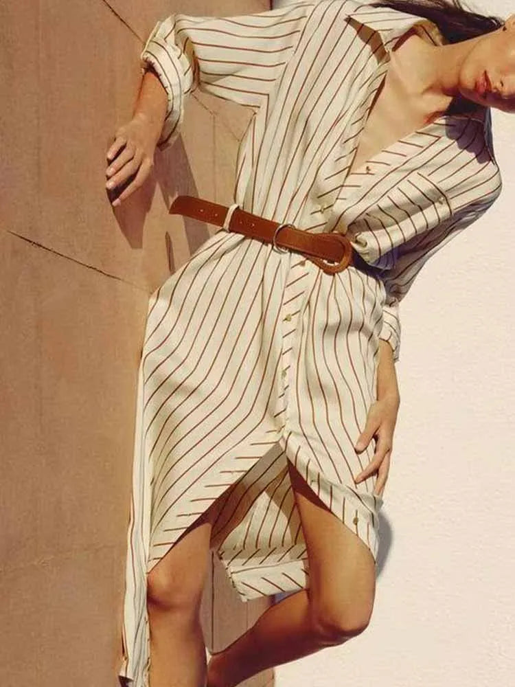 Women's Spring Long Sleeve Dress with Lapel Collar Belt and Pockets in Striped Print