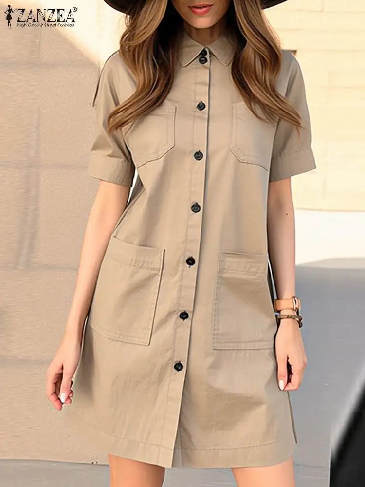Elegant Women’s Knee-Length Short Sleeve Dress with Turn-Down Collar and Button-Front Design for Casual, Work, and Special Occasions