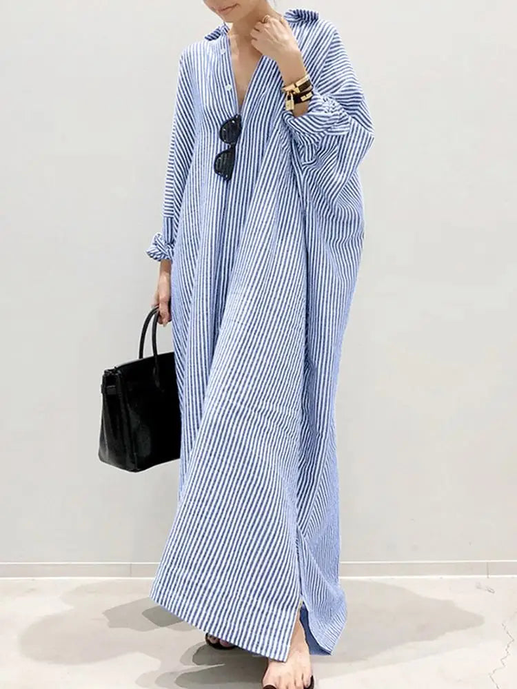 Stripe Printed Bohemian Beach Sundress with Long Sleeves and Lapel Collar, Casual Ankle-Length Shirt Dress for Spring Fall and Winter, Perfect for Parties and Holidays - NIICY