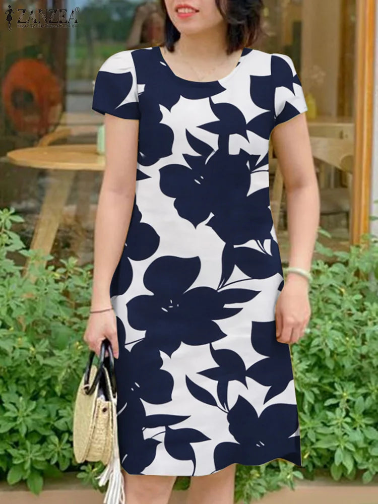 Floral Print O Neck Short Sleeve Knee-Length Sundress Casual Summer Beach Dress with Buttons and Side Pockets