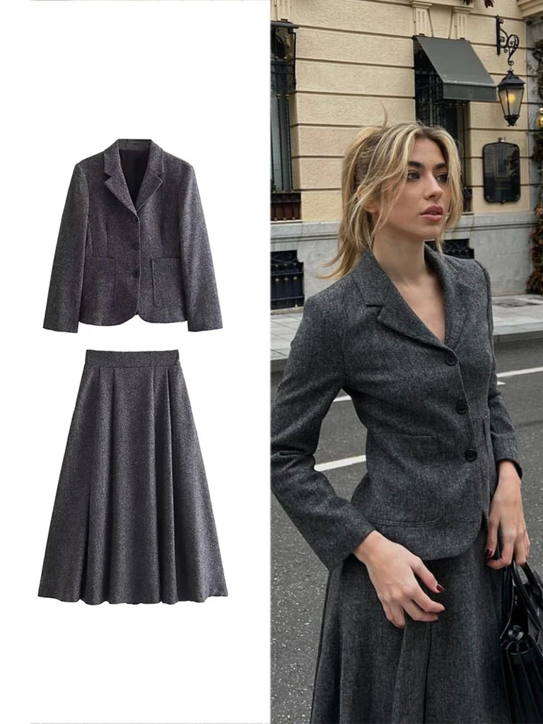 Women’s Casual Commuter Two-Piece Suit Set with Single-Breasted Blazer and High-Waisted A-Line Skirt for Autumn and Winter