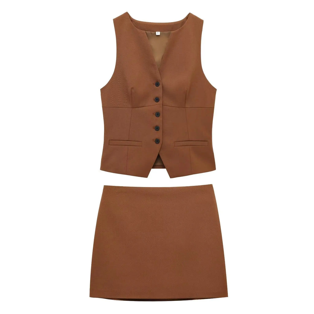 Women’s Retro Slim Fit Vest and High Waist Mini Skirt Set V Neck Single-Breasted Solid Color Chic Summer Outfit