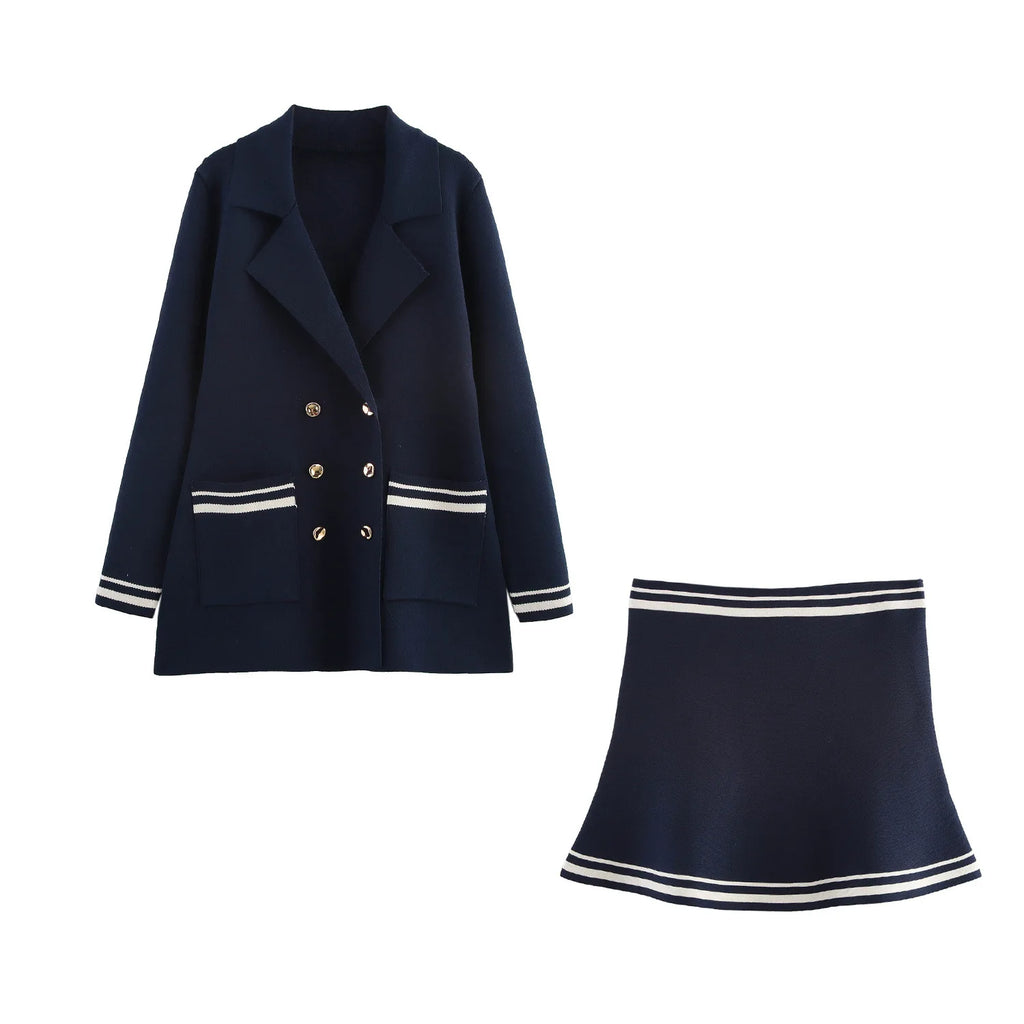 Women’s Loose Knitted Blazer and High Waist A-Line Skirt Set with Lapel Double Breasted Pocket Jacket Chic Spring Suit