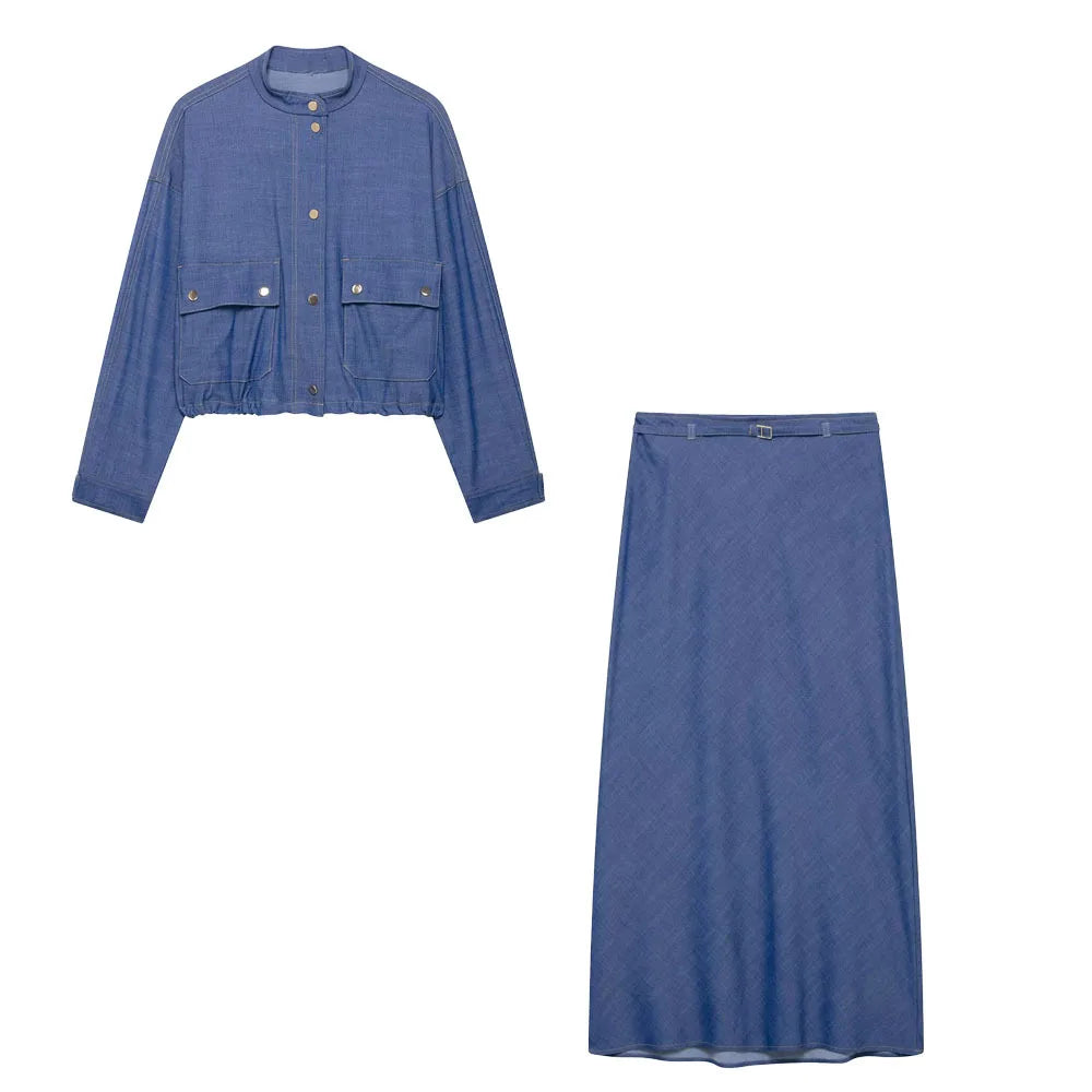 Women’s Pilot Jacket and Skirt Set with Round Neck Long Sleeve Top, Belted Waist, Side Zipper Midi Skirt, Casual Chic Spring Summer Outfit