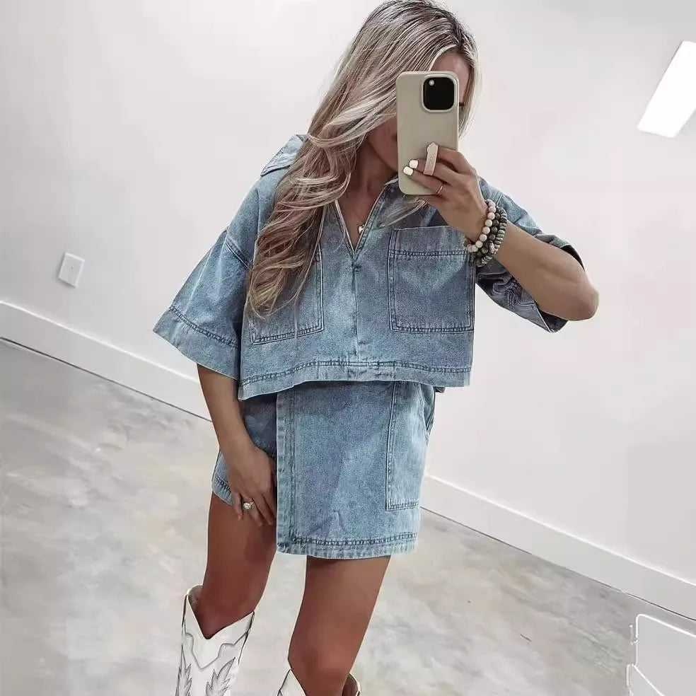 Women’s Blue Denim Two-Piece Set Loose Fit Short Sleeve Pocket Shirt with Asymmetric Skirt Casual Streetwear Ensemble