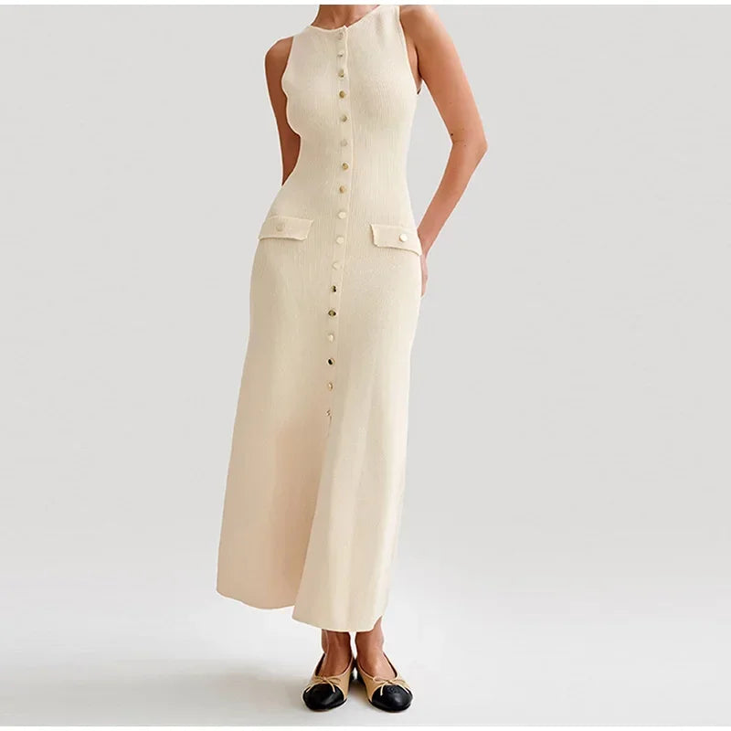 Elegant Lady Knitted Single Breast Long Dress with Sleeveless O Neck Button Bodycon Fit for Party and Casual Wear - NIICY