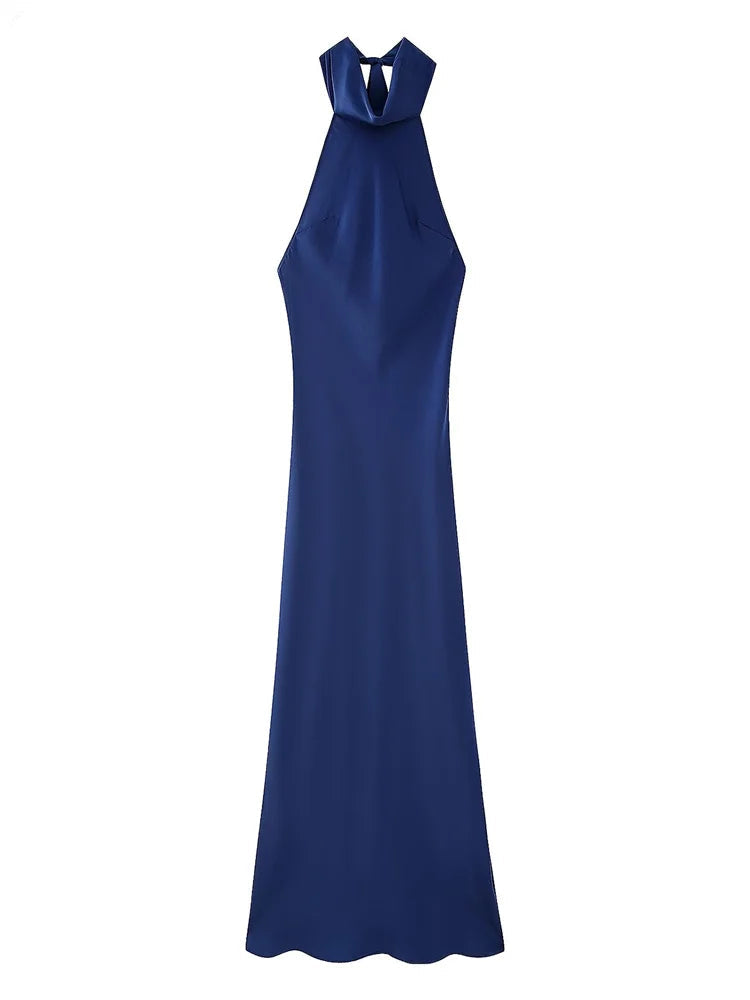 Women’s Elegant Sleeveless Satin Halter Dress with Backless Design and Zipper Closure for Party and Evening Events
