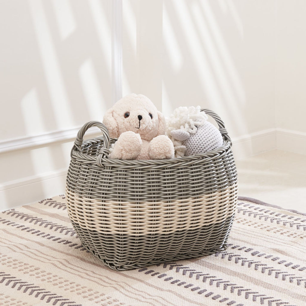 Zita Oval Resin Woven Wicker Multi-Use Storage Basket with Handles - 18" x 15" x 11.4" - White-Gray - For Towel, Toys, Magazines Storage and Home Decoration