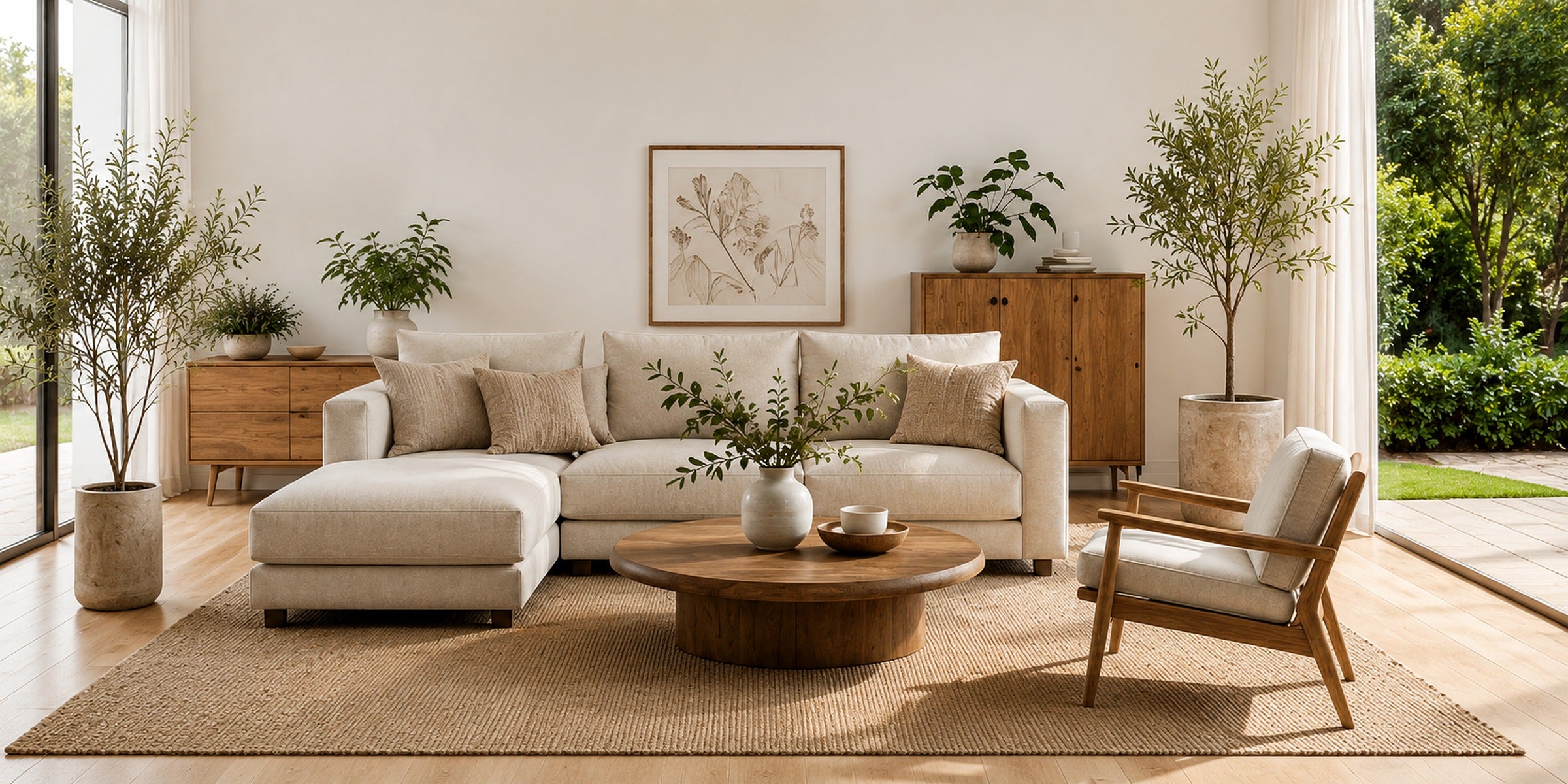Sunlit living room with a neutral sofa, round wood coffee table, lounge chair, and indoor trees